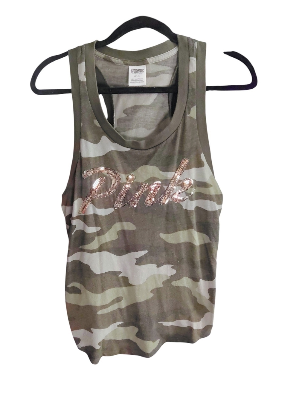 PINK Victoria's Secret Camo Sequin Logo Tank Top - Olive Green